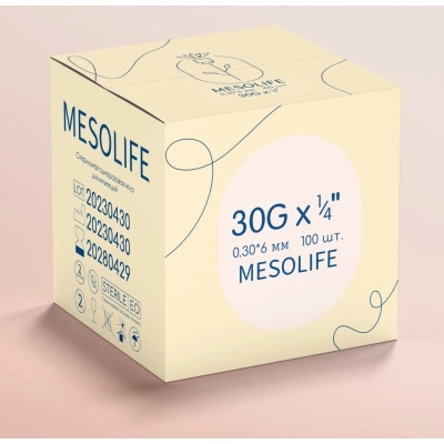 Игла одноразовая медицинская инъекционная стерильная MESOLIFE 30G 0,30*6 мм