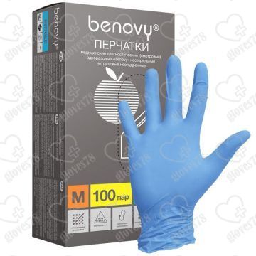 Перчатки нитриловые смотровые Benovy голубые  Перчатки нитриловые смотровые Benovy голубые